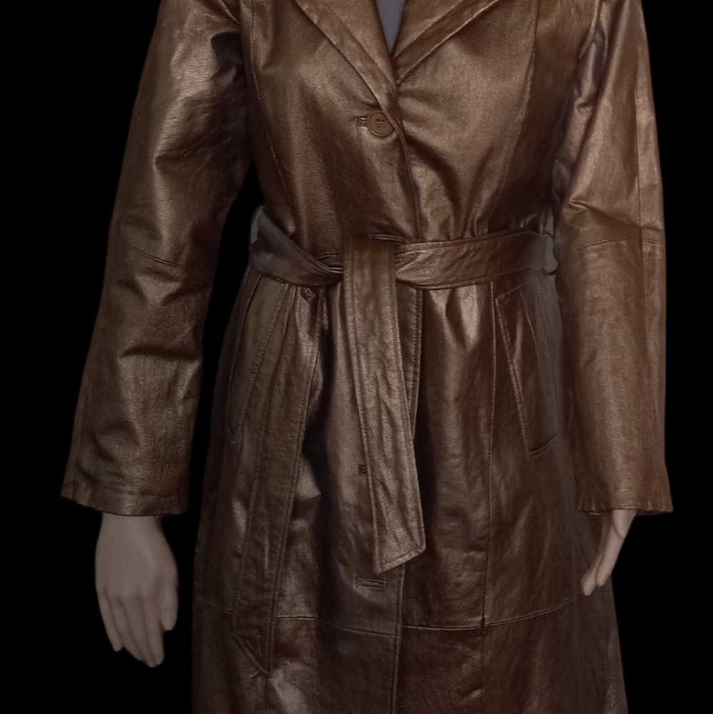 Full length leather coat, bronze,  matching sash belt. Size 6 petite